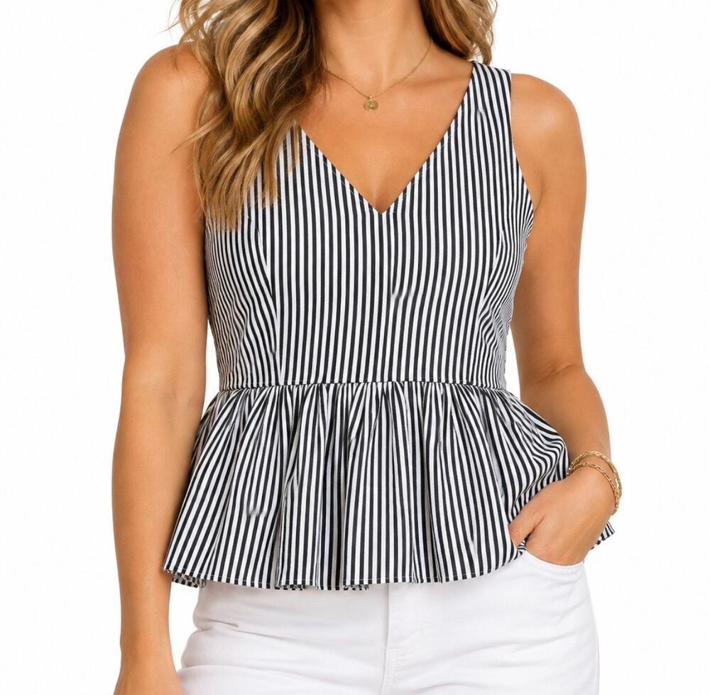 J.Crew Always Striped Peplum Top Black White Sleeveless Preppy 10P NWT